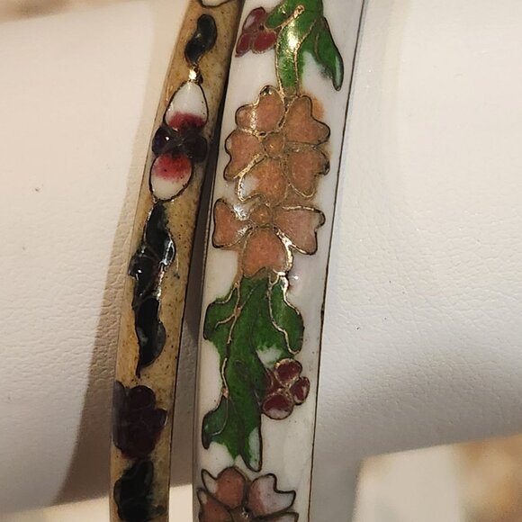 Vintage Cloisonné Enamel Floral Bangle Bracelets Set Of 3 - Picture 3 of 4
